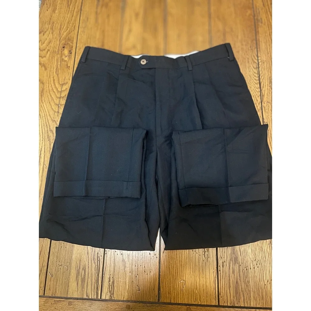 Geoffrey Beene Mens Black Double Pleated Cuffed Dress Pants Trousers 38x30